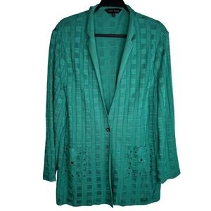 Ming Wang Sz‎ 1X Green Grid Knit Embellished Pocket Stretchy Blazer Quiet Luxury